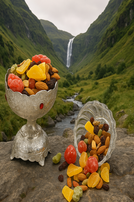 Silver bowl and glass container filled with colorful candies and nuts against a scenic mountain backdrop.